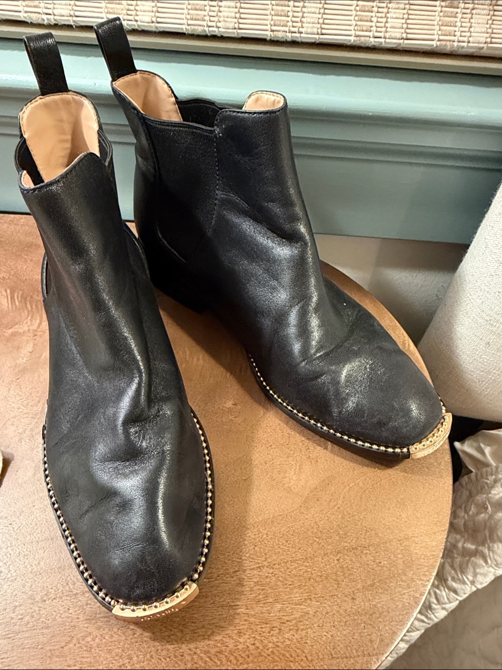 Coach Black Leather Chelsea Boots Gold Studded Trim